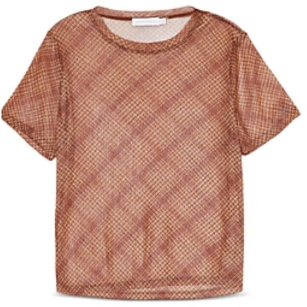 JONATHAN SIMKHAI Sz S Shirt Sheer Shimmer Sepia Plaid Designer Luxury Retro Boho